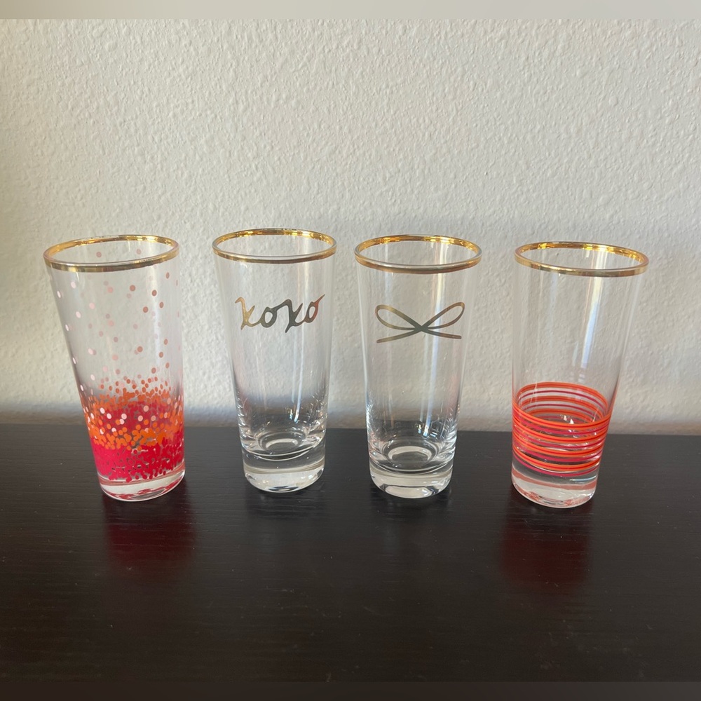 Set of Four Gold-Rimmed Tall Shot Glasses - Pink, Orange, Gold